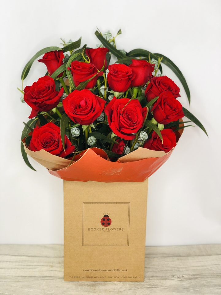 <h2>Valentines Day Dozen Red Roses </h2>
<br>
<ul>
<li>Approximate Dimensions 45x35cm</li>
<li>12 romantic red roses hand-arranged and gift wrapped in our signature eco-friendly packaging and finished off with a hidden wooden ladybird</li>
<li>Our flowers are backed by our 7 days freshness guarantee</li>
<li>For delivery area coverage see below</li>
<li>Click and Collection available from Booker Avenue, L18 but MUST be pre-ordered</li>
</ul>
<br>
<h2>Flower Delivery Coverage</h2>
<p>Our shop delivers flowers to the following Liverpool postcodes L1 L2 L3 L4 L5 L6 L7 L8 L11 L12 L13 L14 L15 L16 L17 L18 L19 L24 L25 L26 L27 L36 L70 If you order is for an area outside of these we can organise delivery for you through our network of florists.</p>
<br>
<h2>Valentines Flowers - Handtied Bouquet</h2>
<p>This bouquet of 12 red large-headed roses is a popular choice for Valentines Day to let someone know you are thinking of them. These roses have an amazing scent and make a beautiful handtied bouquet for someone special.</p>
<p>We have a gorgeous selection of Valentines flowers and this choice will not disappoint. Red Roses are always popular and there is no exception for Valentines Day.</p>
<p>All our bouquets have a small wooden ladybird hidden amongst them, so do not forget to spot the ladybird and post a picture on our social media pages to enter our rolling competition.</p>
<p>Featuring 12 red large-headed roses hand-arranged with mixed foliage and presented in eco-friendly gift wrapping and presentation box.</p>
<br>
<h2>Eco-Friendly Liverpool Florists</h2>
<p>As florists we feel very close earth and want to protect it. Plastic waste is a huge problem in the florist industry so we made the decision to make our packaging eco-friendly.</p>
<p>To achieve this we worked with our packaging supplier to remove the lamination off our boxes and wrap the tops in an Eco Flowerwrap which means it easily compostable or can be fully recycled.</p>
<p>Once you have finished enjoying your flowers from us they will go back into growing more flowers! Only a small amount of plastic is used as a water bubble and this is biodegradable.</p>
<p>Even the sachet of flower food included with your bouquet is compostable.</p>
<p>All our bouquets have small wooden ladybird hidden amongst them so do not forget to spot the ladybird and post a picture on our social media pages to enter our rolling competition.</p>
<br>
<h2>Flowers Guaranteed for 7 Days</h2>
<p>Our 7-day freshness guarantee should give you confidence that we will only send out good quality flowers.</p>
<p>Leave it in our hands we will create a marvellous bouquet which will not only look good on arrival but will continue to delight as the flowers bloom.</p>
<br>
<h2>Liverpool Flower Delivery</h2>
<p>We are open 7 days a week and offer advanced booking flower delivery and same-day flower delivery. Guaranteed AM Flower Delivery and also offer Sunday Flower Delivery.</p>
<p>Our florists deliver in Liverpool and can provide flowers for you in Liverpool Merseyside. And through our network of florists can organise flower deliveries for you nationwide.</p>
<br>
<h2>The Best Florist in Liverpool your local Liverpool Flower Shop</h2>
<p>Come to Booker Flowers and Gifts Liverpool for your beautiful flowers and plants. For that bit of extra luxury we also offer a lovely range of finishing touches such as wines champagne locally crafted Gin and Rum Vases Scented Candles and Chocolates that can be delivered with your flowers.</p>
<p>To see the full range see our extras section.</p>
<p>You can trust Booker Flowers and Gifts to deliver the very best for you.</p>
<br>
<p><em>Google Review by Ben Capper</em></p>
<p><em>Booker Florists are the best! So friendly and helpful, their flowers are always seasonal and top quality. Highly recommended.</em></p>
<br>